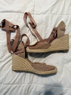 Zara Mauve-Taupe Woven Espadrille Wedge Sandals with Ankle Ties